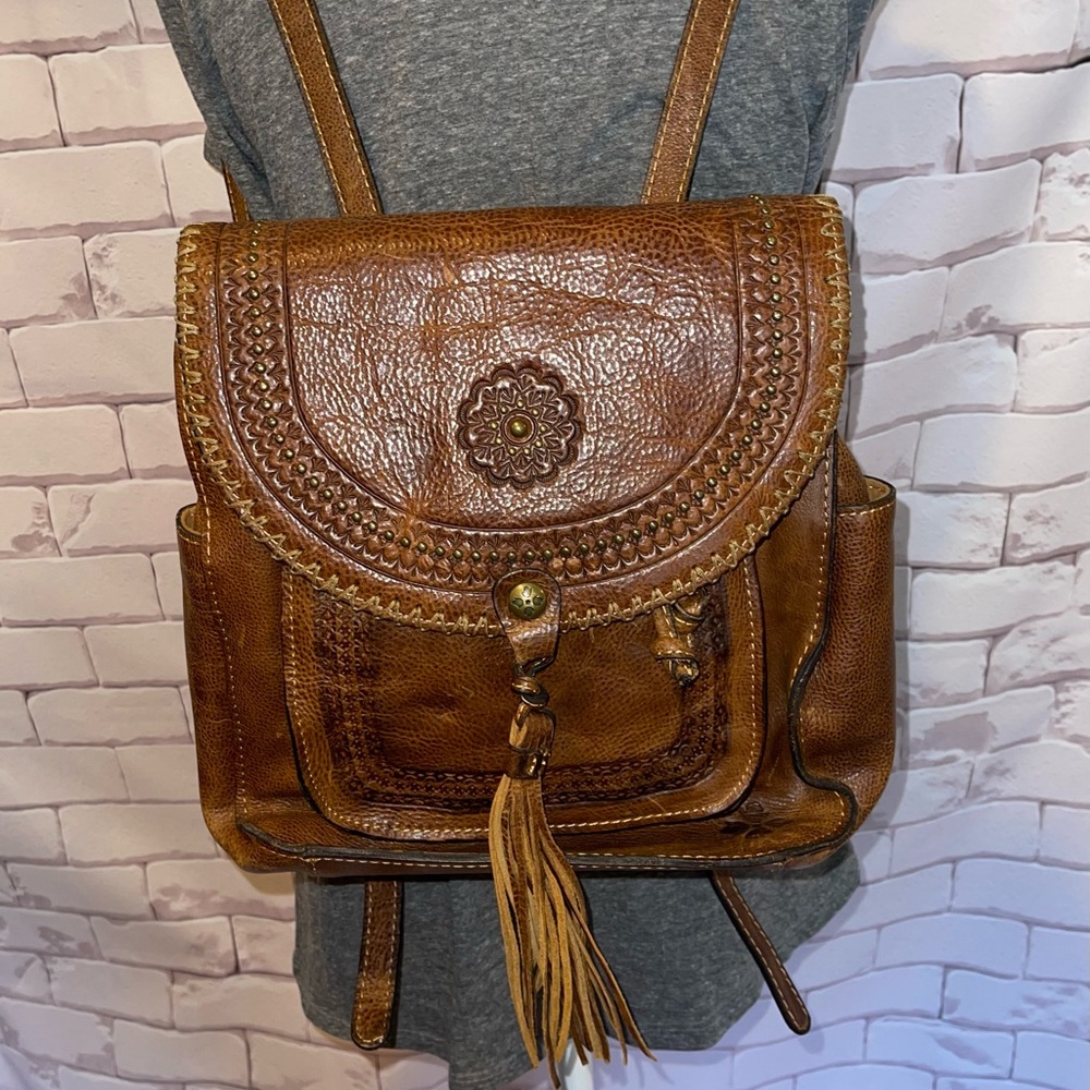 Patricia Nash Brown Leather Backpack with Embossed Design and Adjustable Straps